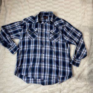 Plains Western Wear Mens Size XL Pearl Snap Button Front Shirt Blue Plaid